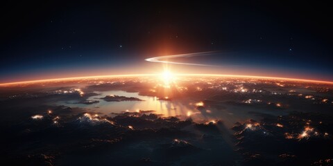 Fototapeta premium Panoramic view on planet Earth globe from space. Glowing city lights, light clouds. Generative AI