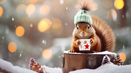 A cheerful cute squirrel in a knitted hat drinks cocoa from a cup against the background of a winter forest with fir trees, snow and colorful lights. Postcard for the New Year holidays.