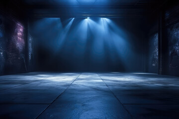 Dark empty floor and studio room with smoke float up and neon light, spotlights, night view. - obrazy, fototapety, plakaty