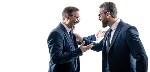 conflict between companies. business conflict. two businessmen conflicting at rivalry isolated on white. businessmen having conflict in business. conflict between boss and employee. banner