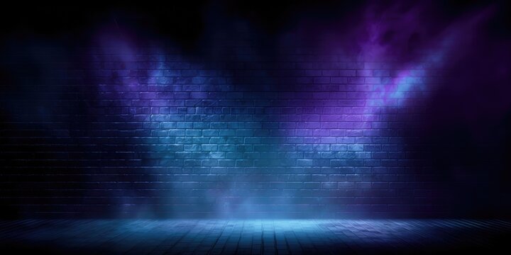 Dark empty brick wall with stage floor and studio room with smoke float up and neon light, spotlights.