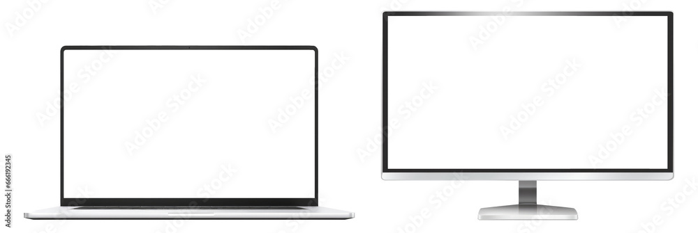 Wall mural collection set of computer monitor and laptop mockup. pc template with blank screen. silver desktop 