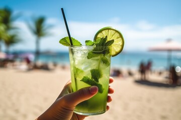 Hand holding mojito cocktail on beach, fresh summer drink with lime and mint, tropical paradise resort background with sea view.