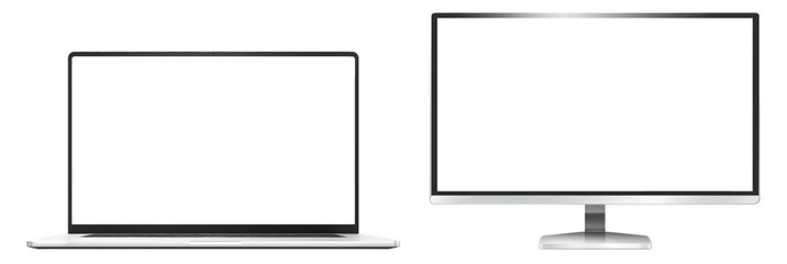 Collection set of Computer monitor and Laptop mockup. Pc template with blank screen. Silver desktop isolated on white transparent background.