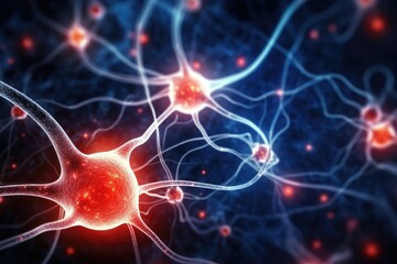 Red neural network with glowing synapses of brain neurons transmitting electric impulses, neuroscience and biology research concept.