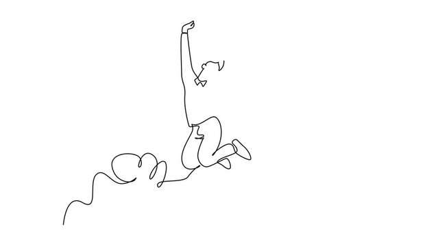Animated self drawing of continuous line draw young happy pretty business woman jumping and raise hands into the air celebrate success. Business celebration concept. Full length single line animation
