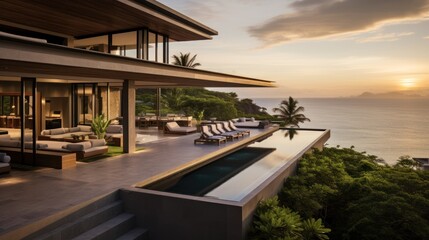 Fototapeta premium Luxury villa perched on a cliff or overlooking a scenic landscape, emphasizing its panoramic windows, balconies, and outdoor viewing points