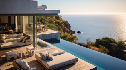 Fototapeta premium Luxury villa perched on a cliff or overlooking a scenic landscape, emphasizing its panoramic windows, balconies, and outdoor viewing points