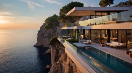 Luxury villa perched on a cliff or overlooking a scenic landscape, emphasizing its panoramic windows, balconies, and outdoor viewing points