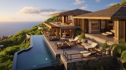 Fototapeta premium Luxury villa perched on a cliff or overlooking a scenic landscape, emphasizing its panoramic windows, balconies, and outdoor viewing points