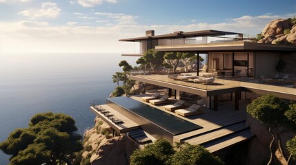 Fototapeta premium Luxury villa perched on a cliff or overlooking a scenic landscape, emphasizing its panoramic windows, balconies, and outdoor viewing points