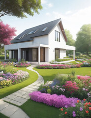 A modern luxury duplex house with a flower garden 