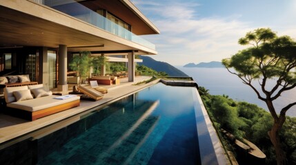 Fototapeta premium Luxury villa perched on a cliff or overlooking a scenic landscape, emphasizing its panoramic windows, balconies, and outdoor viewing points