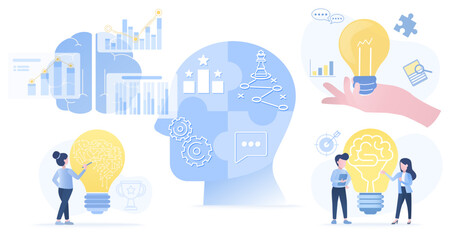 Brainstorming ideas collection set. Human realistic head with target icon in center, strategy plan, tactical thinking, learning, problem solving and management. Flat vector design illustration.