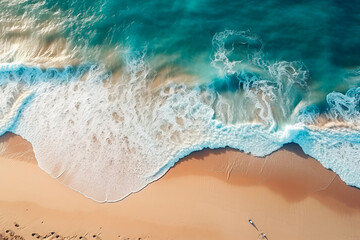 Fototapeta na wymiar Sea wave and beach aerial. Foam from a sea wave on the beach. Rocks and sand