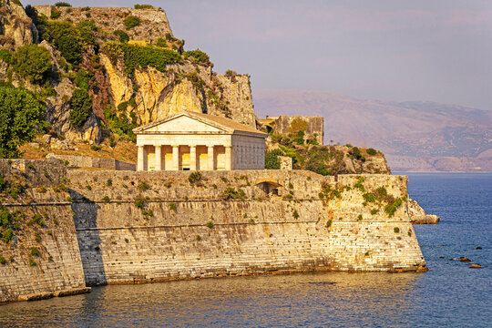 Corfu old fort showing staint george temple on a beautiful warm afternoon landscape view.
