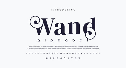 WAND Elegant Font Uppercase Lowercase and Number. Classic Lettering Minimal Fashion Designs. Typography modern serif fonts regular decorative vintage concept. vector illustration - obrazy, fototapety, plakaty