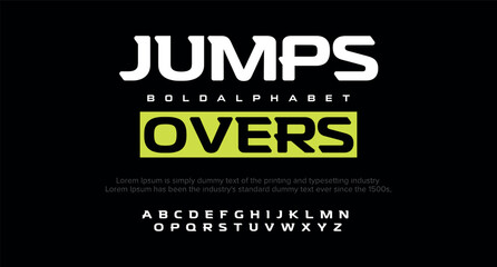 JUMPS Modern abstract digital alphabet font. Minimal technology typography, Creative urban sport fashion futuristic font and with numbers. vector illustration - obrazy, fototapety, plakaty