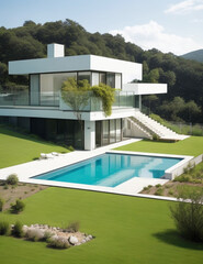 Fototapeta premium A modern luxury duplex house with a flower garden 