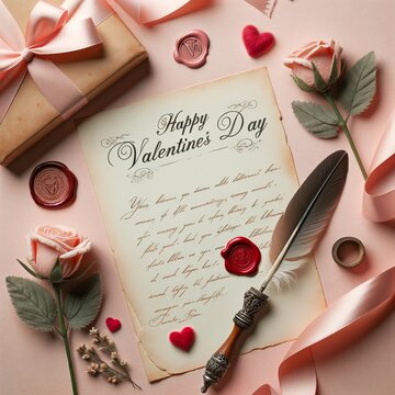 Evocative Valentine's Day still life capturing the essence of timeless romance. Features vintage love letters, a quill, and a wax seal, all set in dreamy pastel colors with "Happy Valentine's Day" tex