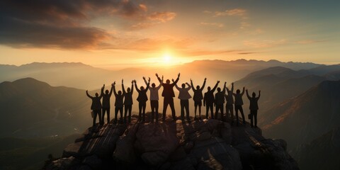 Teamwork success victory concept. Silhouette of the team on top of mountain. Leadership Concept. AI Generative - obrazy, fototapety, plakaty