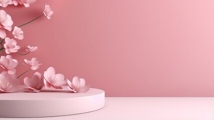 perfect background with pink stage and pink blossom flowers for product presentation generated by AI tool 