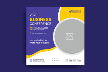 Obraz premium Business webinar invitation design. Webinar and business conference social media post template. Online webinar social media post template. Business conference banner template. Online live webinar.