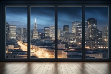 Fototapeta na wymiar Cityscape view of San Francisco's downtown skyline from a high rise window at night, showcasing beautiful expensive real estate. The empty room interior features a mockup wall. 3D. Generative AI