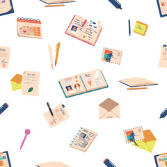 Seamless Pattern with Notes, Notepad, Calendar, Photo Album, Postcard, Pencils and Pens