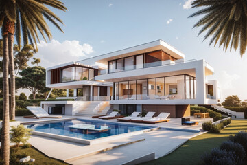 Obraz premium modern luxury duplex house with a flower garden and pool on the hill evening view 