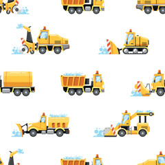Seamless Pattern Featuring Snowplow Machines. Grader, Truck, Loader Vehicles Clearing A Wintry Landscape Tile Background