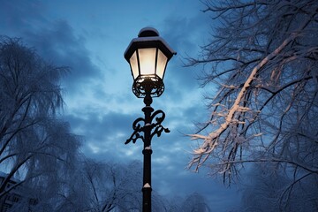 a vintage streetlamp streetlight in winters season - obrazy, fototapety, plakaty