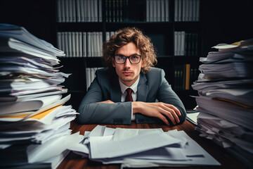 A very tired man is sitting in front of many documents on his desk in the office.