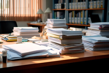 Many documents on a wooden table in the office. Congestion at work. Stack of papers.