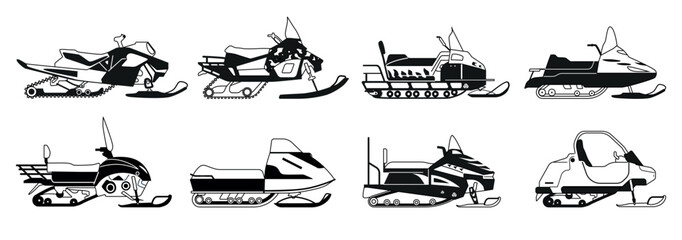 Black And White Snowmobiles. Winter Vehicles For Navigating Snow-covered Terrain, Feature Skis At The Front