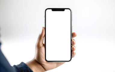 Phone mockup in hand, Studio shot of smartphone with blank transparent screen for web site design and app for mobile phone, Isolated design element white background, transparent background