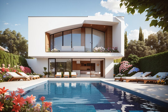 modern luxury duplex house with a beautiful flower garden and pool 