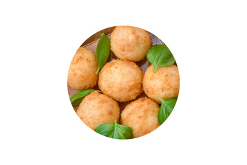 Delicious round balls of mozzarella and parmesan cheese with salt and breaded spices