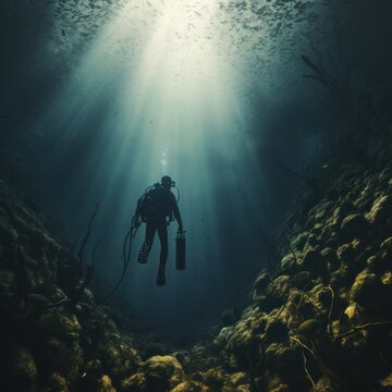 Divers are on cliffs and sea troughs adventuring on the seabed in the morning and evening with the beauty of natural rocks and coral moss, good for business, marine, blogs, websites etc. Generative Ai