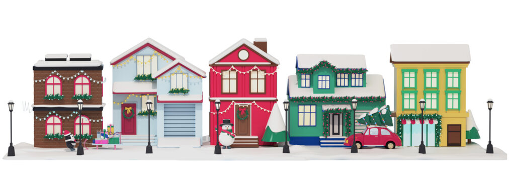 Winter neighborhood with residential New Year's houses. The concept of a street decorated for the new year. resident snowmen are getting ready for the new year. 3d render illustration design concept