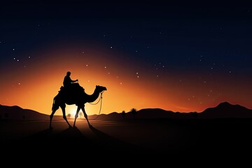 Obraz na płótnie Canvas a silhouette of an arab man riding a camel in desert with sun in background