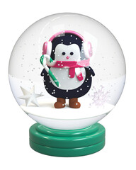 Cute Christmas toy ball inside which there is a cute penguin with a lollipop in his hands. The concept of a toy crystal ball with a snowman. toy new year christmas. 3d render illustration 