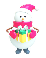A snowman with a pink hat and a cute scarf with gloves. The concept of a smiling snowman holding a gift for New Year and Christmas. 3d render illustration design concept