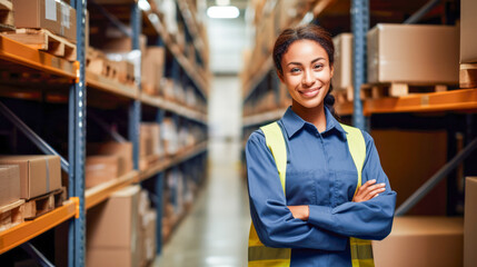 Smiling employee at warehouse with arms crossed.