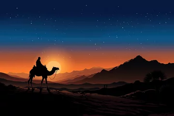 Poster a silhouette of an arab man riding a camel in desert with sun in background © DailyLifeImages