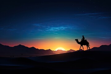 a silhouette of an arab man riding a camel in desert with sun in background - Powered by Adobe