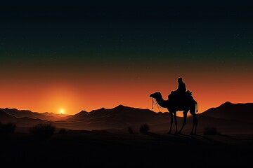 Fototapeta na wymiar a silhouette of an arab man riding a camel in desert with sun in background