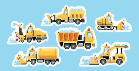 Set of Stickers with Heavy Snowplow Transport. Truck-mounted Plows, Snowcat, Grader Vehicles, And Snow Blower Machines