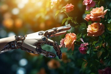 a sci-fi humanoid robot hand in a beautiful nature garden reaching out and touching beautiful flowers.