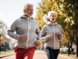 Smiling seniors run outdoors in sports clothing.
